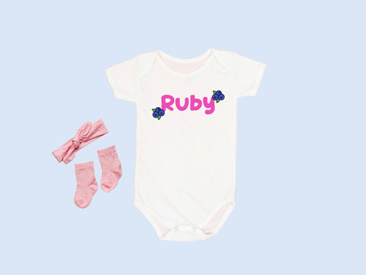 custom name with blueberries onesie